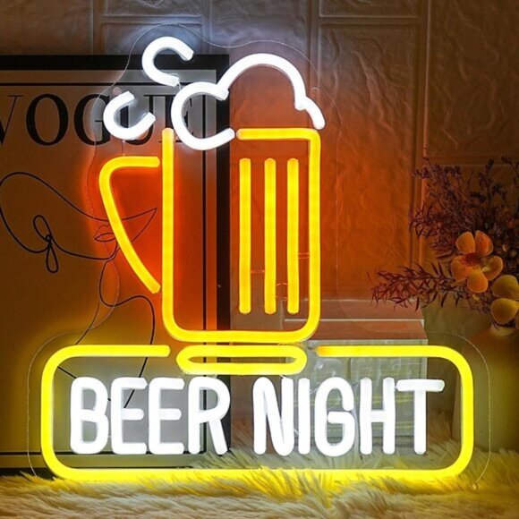 New Beer Night Neon Sign Yellow & White LED Wall Light for Bar Man Cave Pub